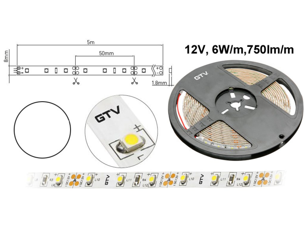 LED 05 pásek 30W denní bílá 12V 8mm 5m svítivější