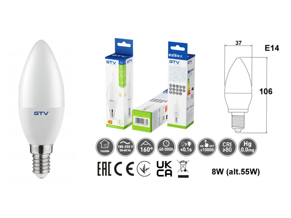 LED žárovka E14 8W denní (c.55W) svíčka